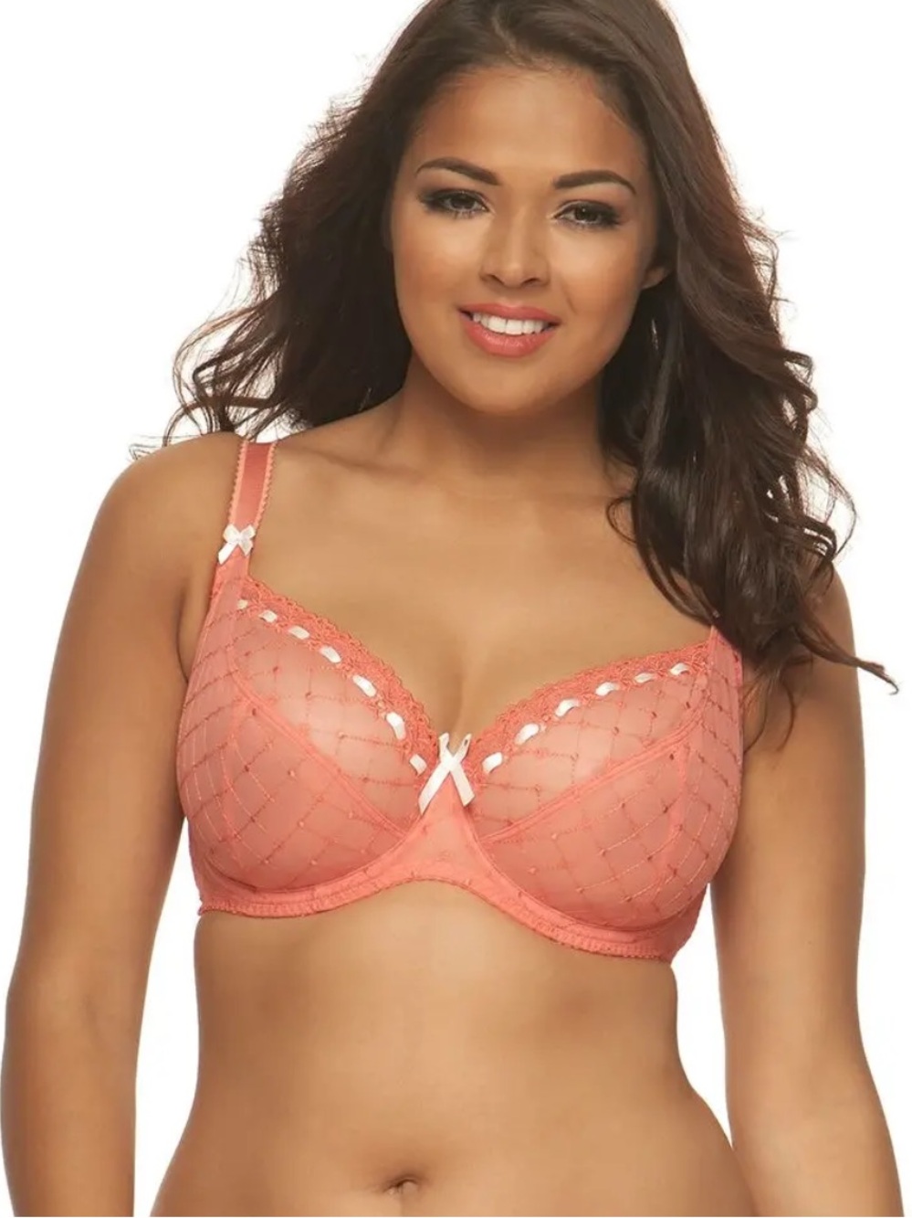 Curvy Kate Portia Sheer Balcony Bra Coral 34H Lace Ribbon Mesh Sheer Geometric